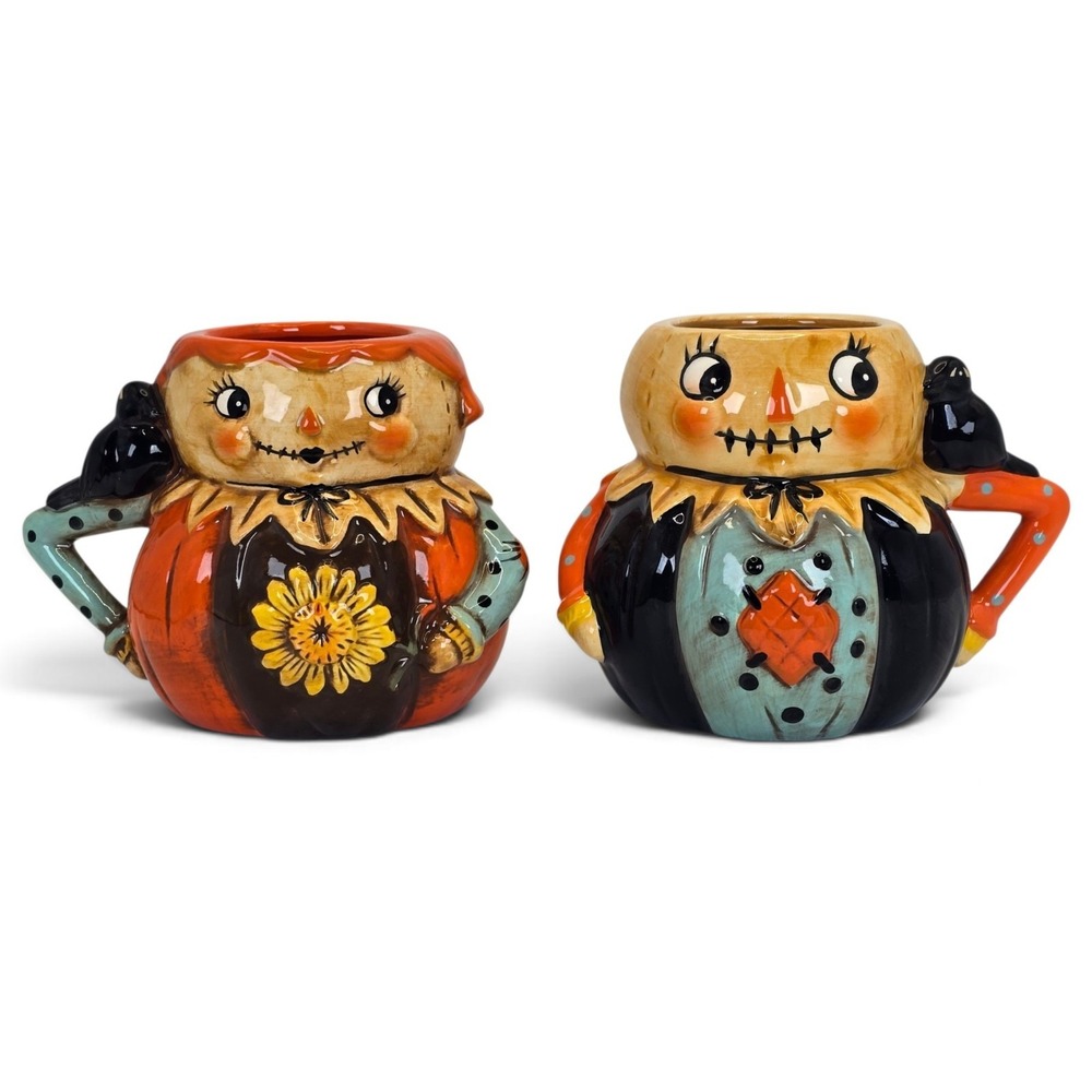 Johanna Parker Transpac Mr & Mrs Scarecrow Mugs Halloween Fall Set of 2